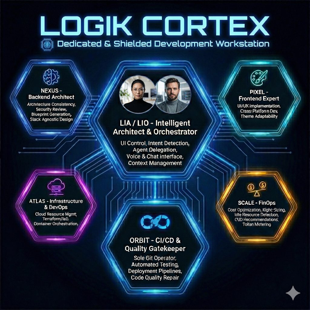 The Logik Cortex — LIA, LIO, NEXUS, PIXEL, ATLAS, ORBIT, SCALE